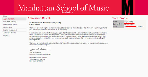 曼哈顿音乐学院录取通知书